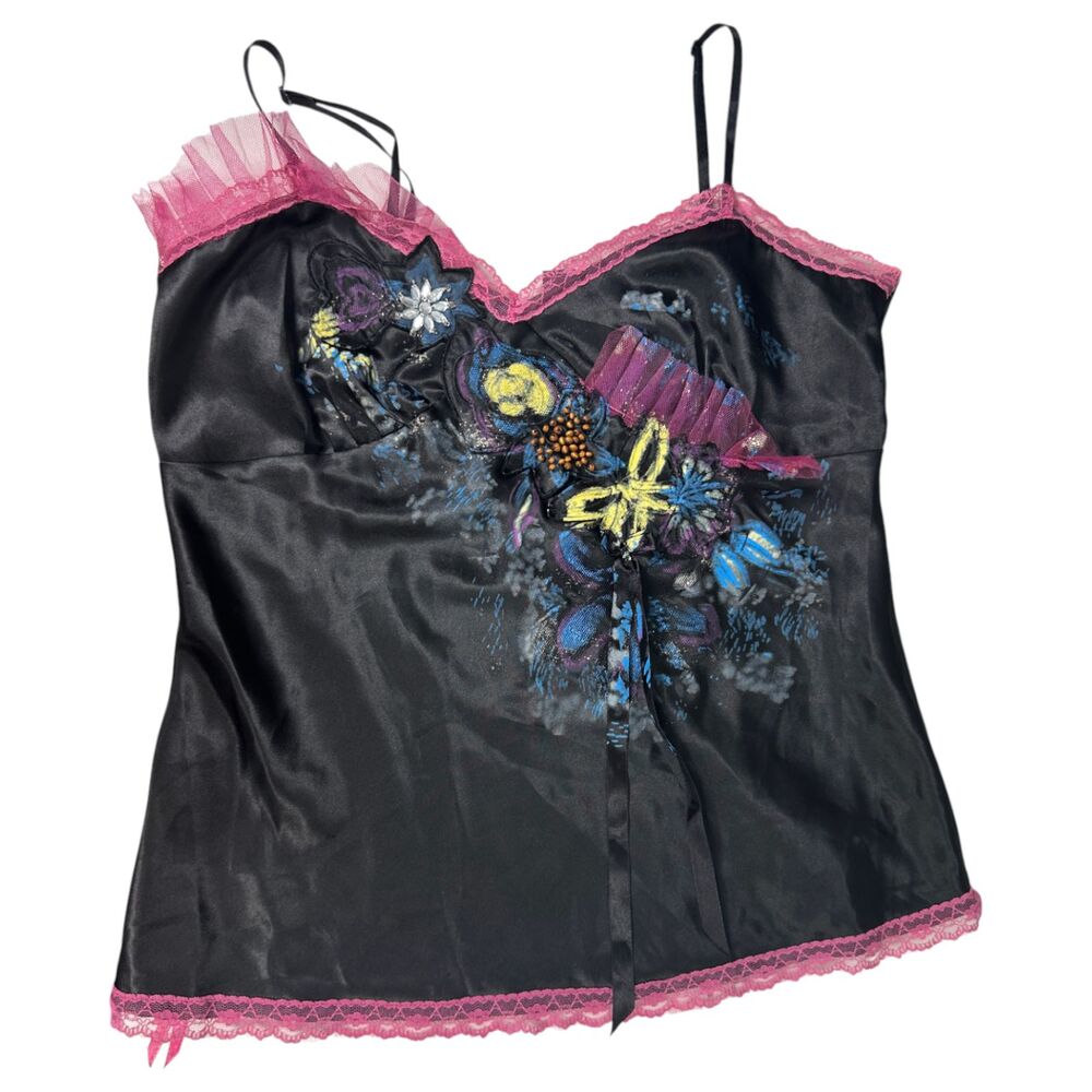 Lapis Vintage 90s Satin Hand Painted Lace Floral Butterfly Slip Tank Medium NEW